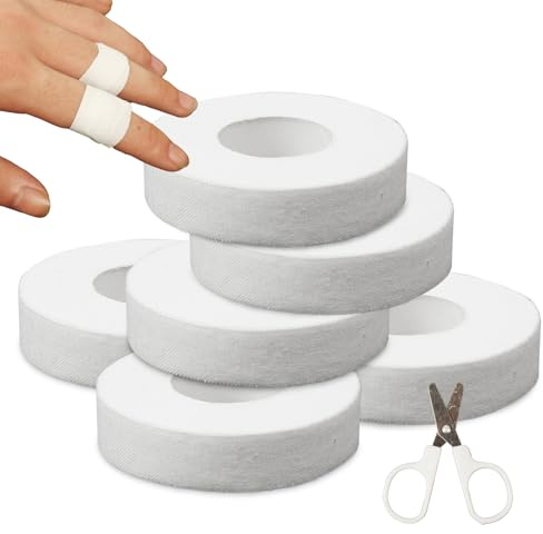 KAHOUI 6PCS Sports Tape Strapping, 1.5cm×10m Physio Medical Tape White, Elastic Wrist Finger Tape, Waterproof Surgical Tape with Scissors for Rock Climbing Hockey Handball Football Rugby