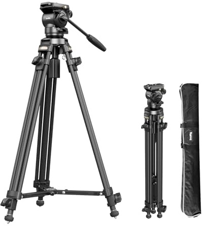 SMALLRIG 64''/163cm Videostativ Kohlefaser mit dämpfendem Flüssigkeit Kopf, Kamera Stativ mit abnehmbarem Griff, QR-Platte und Hebeseil, für DSLR-Camcorder-Kameras, 6 kg Tragkraft, AD-50-4685