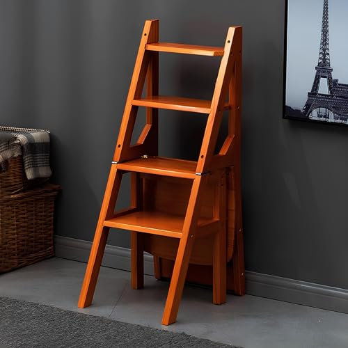 3 in 1 Wooden Folding Step Ladder with Display and Storage Shelf for Home Library and Kitchen