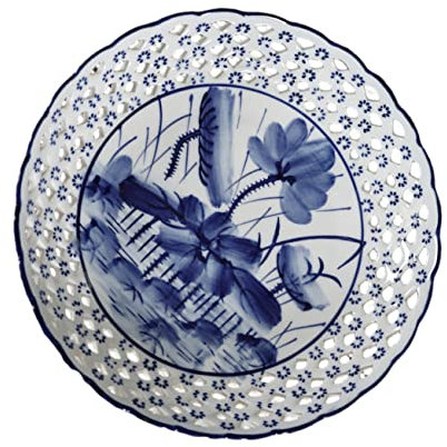 PRETYZOOM Plato De Frutas De Cerámica Azul y Blanco Estilo Chino 25 Cm 10 Pulgadas, Plato De Postre De Pie Artesanal Para Hogar y Ofrendas Budistas, Diseño Hueco Vintage, Decorativo y Funcional