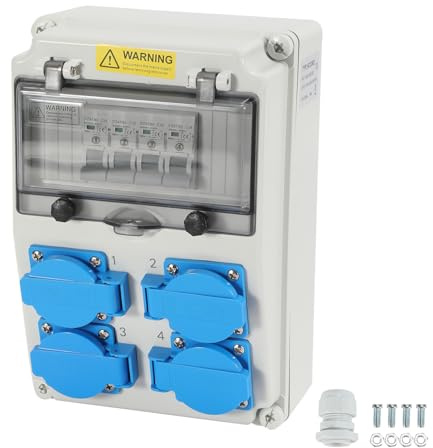 Cecaylie Wandverteiler, Baustromverteiler mit 4xSchuko-Steckdose16A 250V, 4xCEE Steckdosen 16A 1P, mit Leitungsschutzschalter und Wasserdichte Verbindung, Für Baustelle