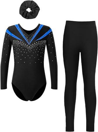 Jydiazi Kinder Mädchen Gymnastikanzug Langarm Mit Hose Lang Glitzer Turn Trikot Leggings Haargummi/Top 3er Tanzkleidung Set Blau&Schwarz&Haargummi 158-164