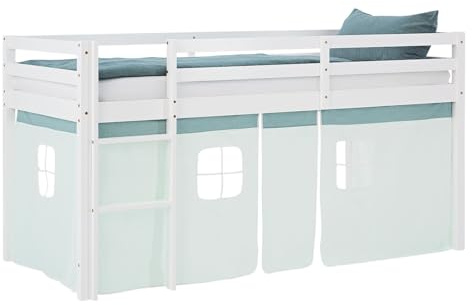 Homestyle4u Kinderbett Hochbett 90x200 - Weißes Holz Bettgestell mit | Stabiles Kiefer Massivholzbett für Jungen & Mädchen, Inklusive Treppe & Grünem Vorhang, Abgerundete Kanten