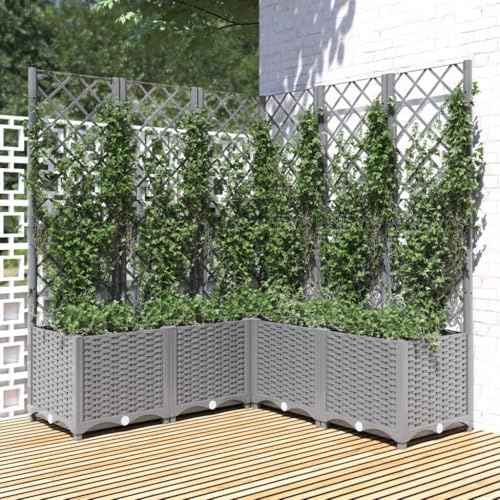 Gecheer Fioriera Giardino con Graticcio Grigio Chiaro 120x120x136cm PP,Fioriera con Traliccio,Fioriera Grigliato da Esterno,Fioriera con Spalliera Separè,Letto Rialzato,Grigliato,Fioriera da Esterno