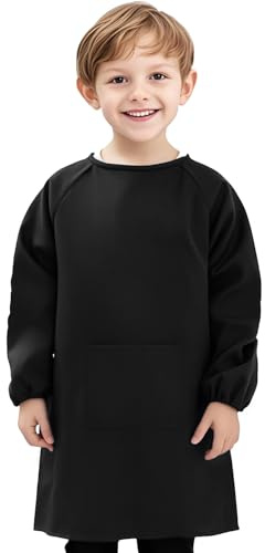 Voarge Camice da pittura per bambini, camice da pittura per scuola con maniche e grandi tasche, nylon, impermeabile, 8-12 anni, grembiule da pittura per bambini, Nero , Einheitsgröße