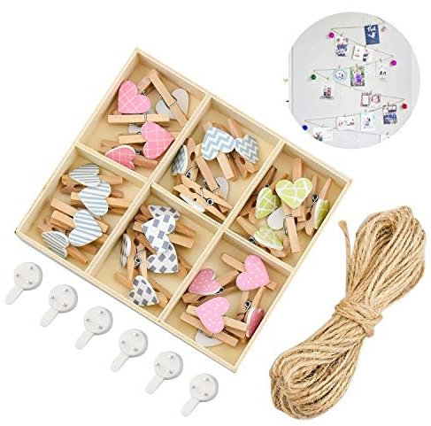 10 Meter Fotoseil mit 30 Holz-Klammern und 6 Spurlosen Nägeln zum Aufhängen Fotoleine für kreative und schöne Foto DIY Dekoration Kinderzimmer Wanddekoration