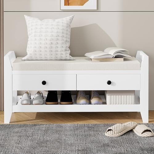 Marooma Sgabello moderno per scarpe con seduta e stoccaggio, armadio imbottito bianco con 2 cassetti, scarpiera da ingresso, soggiorno, camera da letto, 101 x 35 x 50 cm (bianco)