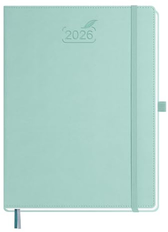 BEZEND Kalender 2026 Buchkalender ca.A4 28,5 x 21,5 cm | Terminplaner 2026 Wochenkalender 1 Woche 2 Seiten mit Monats-Register | Planer & Terminkalender A4 mit PU-Leder Hardcover - Mintgrün