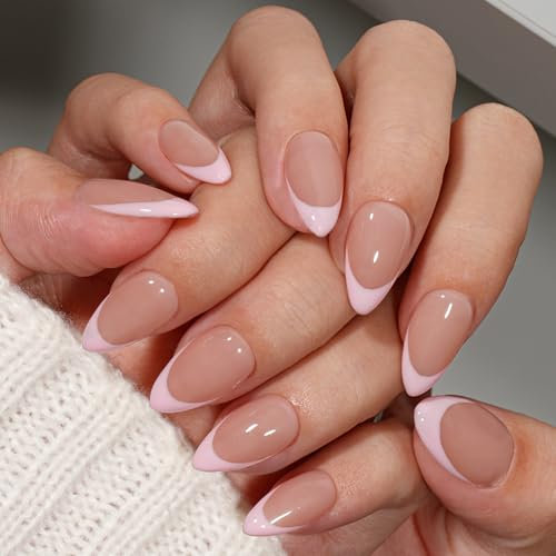 KQueenest Soft Gel Press on Nails French Tip – 30 Stück Pastellrosa Nägel zum Aufkleben Kurz Mandel, French Tip Fake Nails mit Kleber, Natürlich Nude Künstliche Nägel für Frauen
