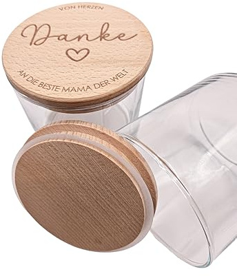 Generisch Personalisiertes Geschenk für Mama, Vorratsglas mit Holzdeckel 530 ml, Gravur 'Von Herzen Danke an die beste Mama der Welt', Buchenholz-Deckel mit Silikondichtung, 10,3 x 10,6 cm