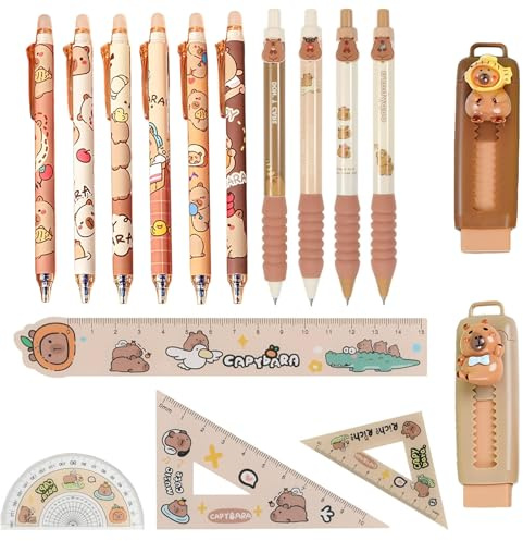 DtgEcd Capybara Stationery Set, 16-Piece Cute Capybara Pens and Rulers, Erasable Writing Tools for School, Office, and Note-Taking