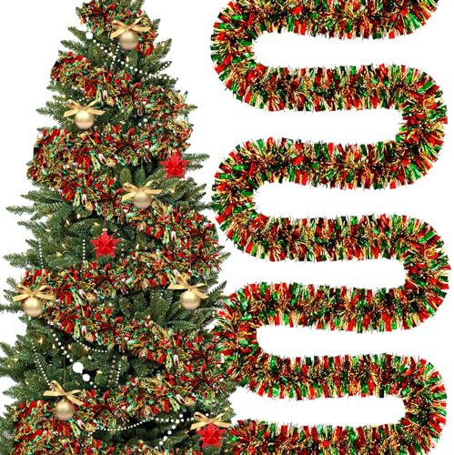 Craftsatin 295 Feet Christmas Tinsel Garland, Red, Green, Gold