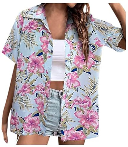 Camisas Hawaianas Mujer Verano Manga Corta Estampado Tropical Camisas Moda con Botones Casual Camisa Suave y Cómodo Talla Grande Camisa Mujer Blusa de Playa Vacaciones