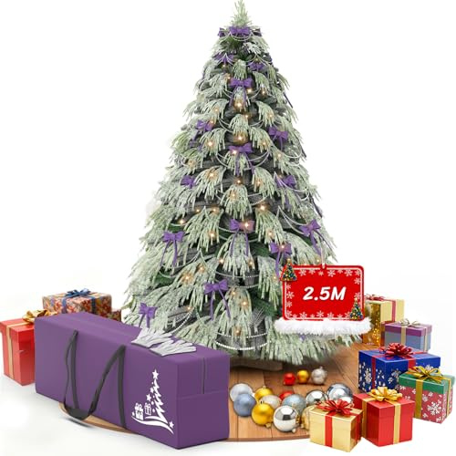 Huracan Árbol de Navidad artificial con iluminación y nieve, árbol de Navidad artificial con base de madera, efecto aguja, bolsa de almacenamiento y objetos decorativos, 210 cm, verde