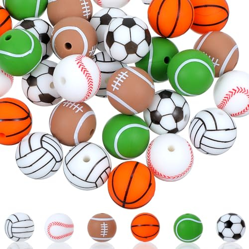 Classicseali 30 Stück Fußball Perlen Baseball Armband, Silikonperlen Sport zur Herstellung von Armbändern, Silikonperlen für Schnullerkette von DIY-Armband, Baseball Fokusperlen, Party Dekor (15 mm)