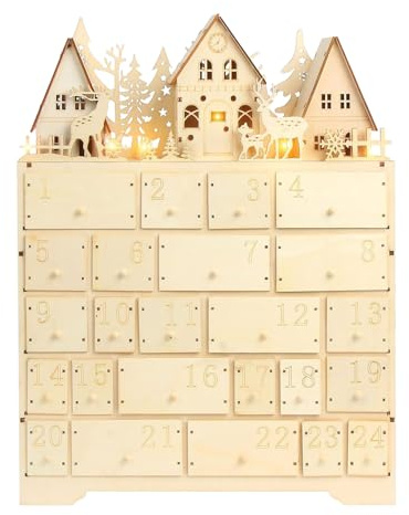 Calendrier de l'Avent de Noël – Drawers en bois, remplissez votre propre calendrier de compte à rebours de Noël, décoration de l'Avent en bois rechargeable, calendrier réutilisable avec lumières LED