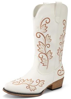 DREAM PAIRS Women's Cowboy Western Mid Calf Boots Square Toe,White,5.5