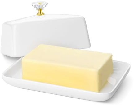 Flexzion Mantequillera europea de cerámica blanca con tapa de mango de cristal para encimera (7 pulgadas) – Soporte doble de 2 barras de mantequilla para mostrador, contenedor de queso crema