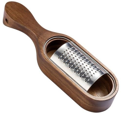 NiuLumea Râpe à fromage en bois avec lame en acier inoxydable et boîte de rangement en bois d'acacia, 24,7 x 6,8 x 4 cm, pour râper et trancher le fromage, marron