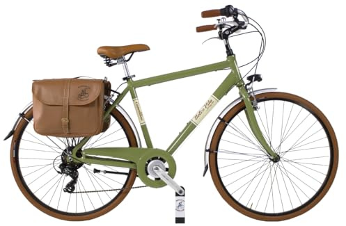 Canellini Bicicletta da Città Vintage Citybike Retrò Dolce Vita Oldstyle Alluminio Uomo con Borse Ruote 28 (Verde Oliva, L)