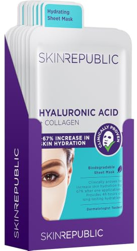 Skin Republic hyaluronsyra kollagen tygmask – fuktgivande ansiktsmask med hyaluron & kollagen, biologiskt nedbrytbar, 10-pack (10 stycken)