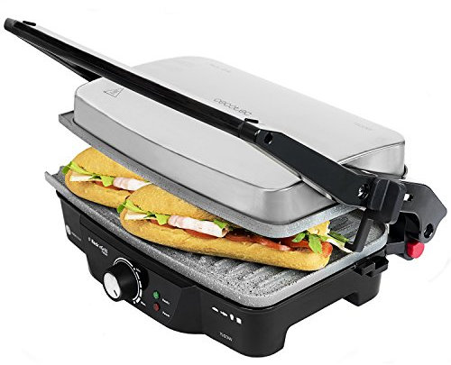 Cecotec Rock´n Grill 2000 .Elektrogrill, RockStone Antihaftbeschichtung, 180º Öffnung, höhenverstellbar, Kochfeld 30 x 23,5 cm, 2000 W, Edelstahl und Kunststoff (Feste Platten, 1500 W)