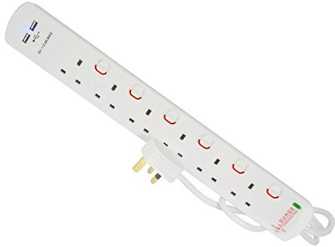 Pro Elec PL15644 2 m 6 Gang 2 USB Surge Protected Extension Lead - White