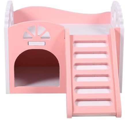 Hamster Haus Holz Meerschweinchen Haus, 2 Etagen Zwerghamster Zubehör Haus mit Leiter Spielplatz Haus für Zwerghamster, Rennmäuse, Degus, Goldhamster 15 x 11 x 11 cm (Rosa)