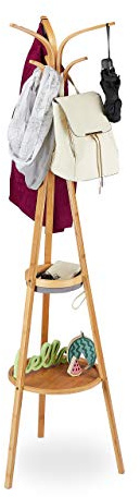 Relaxdays Garderobenständer, moderner Jackenständer aus Bambus, natur | 2 Ablagen, 6 Haken, Baum Design, 178 x 50 x 50 cm