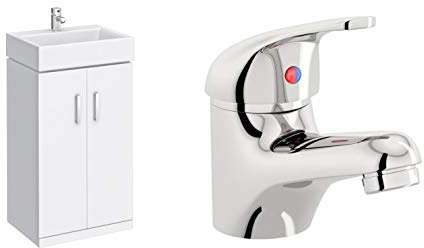 VeeBath Linx High Gloss White 450mm Compact Cloakroom Vanity Unit with Egham Designer Chrome Mixer Sink Basin Tap (Assembled)