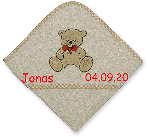 Kapuzenhandtuch mit Namen bestickt 80x80 cm Handtuch Baby Geschenk zur Geburt Badehandtuch, Wörner Stick:Teddy natur