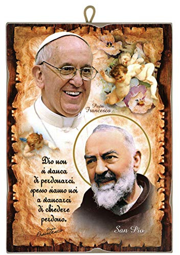 KUSTOM ART Quadro Quadretto Stile Vintage Padre pio San pio e Papa Francesco da Collezione Stampa Laser su Legno Made in Italy - Idea Regalo