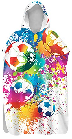 Beach Towel Hooded Poncho, Treer Quick Dry& Light Weight Changing Bath Robe with Hood, Ideal for Adult Woman & Man Child Swimming, Surfing, Bathing, Travel Towel (football,75x145cm)