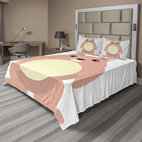 Ambesonne Anime Sheet Set, Beaver Cartoon in Kawaii Style Funny Character for, Fitted and Flat Sheet with Pillowcases Bedding Accent 4 Piece Set, Full, Pale Coral and Cream