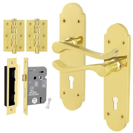 EAI Polished Brass Door Handles with Sash Lock 64mm and Hinges | Complete Sash Lock Kit with 1 Pair of Victorian Scroll Lever Door Handles, 64mm Sash Lock, Hinges, Fixings Included