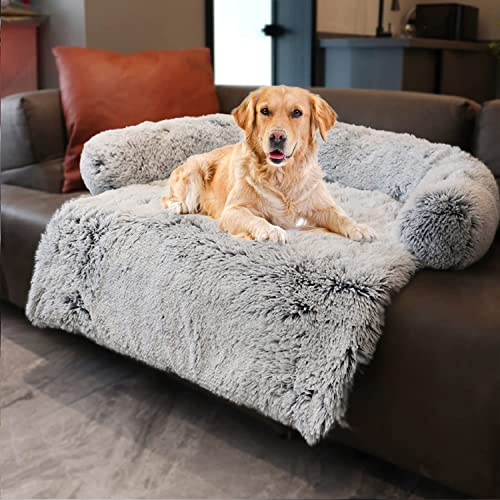 Funecho wasserdichte beruhigende Hundebettmatte, Haustier-Couchschutz, Couchabdeckung für große, mittelgroße Hunde, waschbares Haustierbett mit Schaumstoff-Nackenrolle, Silbergrau groß