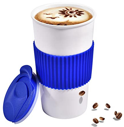 Taza de cerámica sin asa con tapa deslizante y funda de silicona, taza de café imprescindible para viaje, resistente a las astillas, 12 onzas líquidas, azul