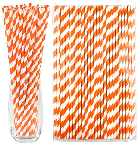 Cannucce di carta extra lunghe da 26,0 cm 100 pezzi, diametro 0,6 cm, strisce arancioni/bianche - Cannucce alte biodegradabili