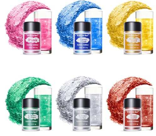Essbares Glitzer Set- 6 Farben Glitzerpulver für Getränke, Edible Glitter mit 4 Farben Lebensmittelfarbe Gel, Lebensmittel Glitzer für Drinks, Cocktail, Fondant, Schokolade- 3 g