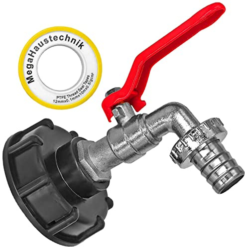 MegaHaustechnik IBC Container Tank Adapter Kappe S60x6 Grobgewinde Steigung 6mm Innendurchmesser 60mm mit Auslaufhahn 3/4 Zoll Außengewinde AG, Schlauchtülle Außendurmesser 20mm, Teflon Dichtband
