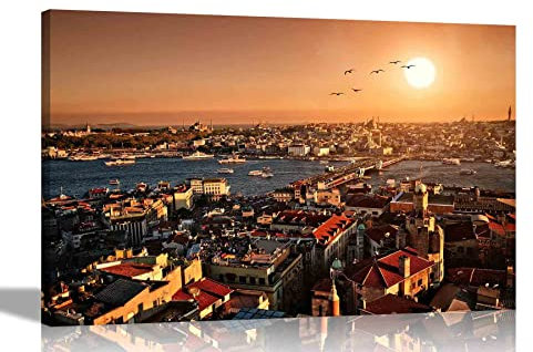 Landschaft Istanbul Sonnenuntergang Leinwanddruck Wandkunst Bilder Gerahmte Stadtfotos zum Aufhängen, gespannt, gerahmt, Kunstwerk für Büro, Heimdekoration, 101 x 76 cm