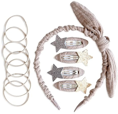 Papierdrachen Besonderes Haar Accessoires Set mit Haarreif, Glitzer-Haarspangen, Haargummis kombiniert mit hochwertigem Musselin Stoff - Taupe - für Mädchen und Damen