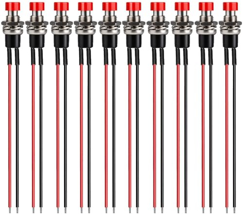 Gebildet 10Stück 7mm 3V-6V-12V-24V-230V/1A vorverdrahteter Mini-Druckknopf, SPST Nomal Offener On/Off-2-poliger runder Knopf Für Modelleisenbahn-Hobby (rot)