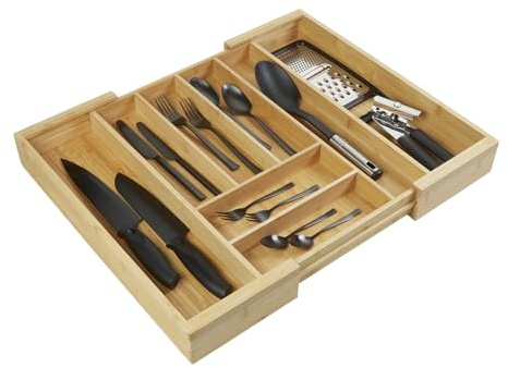 Orga-Box III BAMBUS Besteckeinsatz ausziehbar Besteckkasten mit 6-8 Fächer | für Schubladenbreite von 40 - 60 cm für Nobilia Küchen ab August 2012