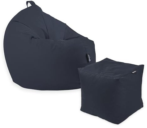 BuBiBag 2in1 Sitzsack Sitzkissen + Sitzpouf mit Füllung |Medium, Ø:110 cm, Dunkelblau| Indoor & Outdoor Beanbag| Geeignet für Kinder Innen & Außenbereich Kinderzimmer| Wasser & Schmutzabweisend