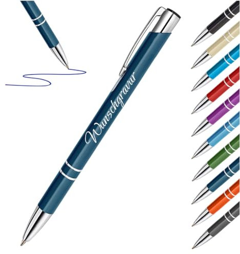 1 Stück Blauer Metall Kugelschreiber mit Gravur - Schreibstift Büro, Home Office, Schule und Uni - Geschenk zum Geburtstag - Stift mit blauer Mine