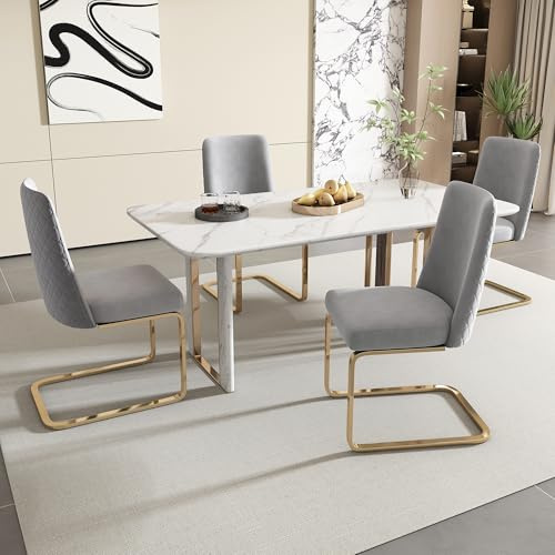 Merax Schwingstuhl 4er-Set, Samt Esszimmerstühle mit Metall-Stützbeinen, bequemer Freischwinger Stühle für Wohnzimmer, Schlafzimmer, Samt, Grau & Gold
