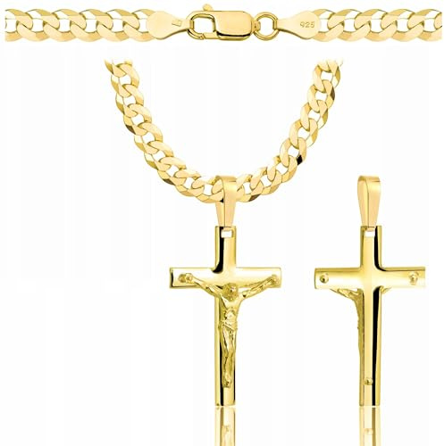 Amor Luxury goldkette herren mit kreuz 585, Kette Herren 925/585 - kreuz kette herren gold 585 massiv - 5 mm, Kreuz Kette 45 cm - Goldkette Kreuzkette - Halskette Herren Panzerung