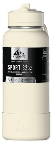 Hydrapeak Insulated Sports Drink Bottle with Straw or Cup Lid, Leak-Proof, Keeps Drinks Cold for 24 Hours, Hot for 12 Hours, Premium Stainless Steel Water Bottle (907 ml, Ivory)