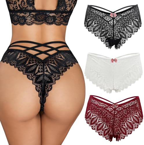 ROSVAJFY Slip en dentelle sexy pour femme - String creux - Sous-vêtements - Taille basse - Culotte en dentelle confortable, L